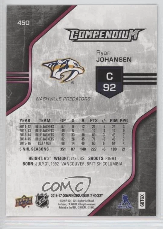 2016-17 Upper Deck Compendium Red Ryan Johansen #450 - Image 2 of 2
