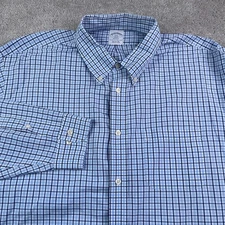 Brooks Brothers Shirt Mens 2XL XXL Blue Checkered Regent Fit Cotton Button Down