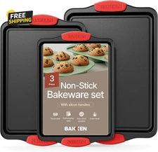 Baking Pan Set – 3 Piece Cookie Sheet Black Non-Stick Carbon Steel Handles 