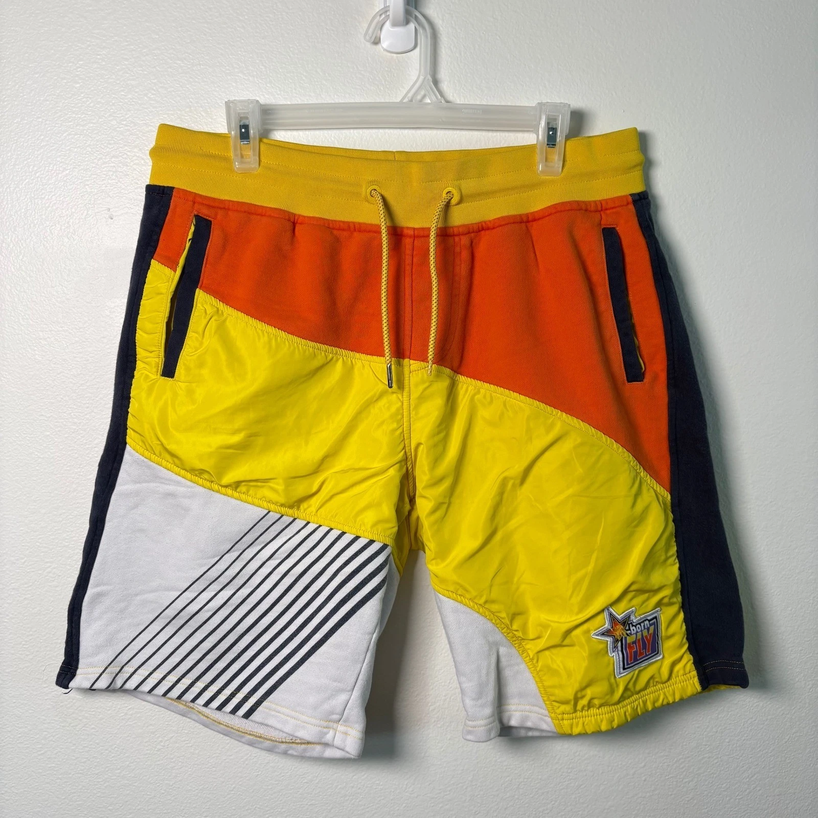 Born Fly Mens Colorblock Sweat Shorts Large Yellow Orange Streetwear Mixed Media