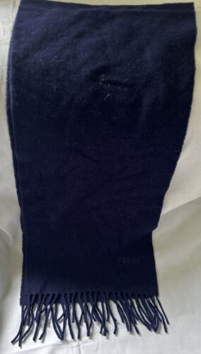 Vintage Fendi Wool Navy Blue Fringed Scarf Made In