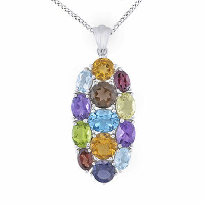 Created Multi Gemstone Cluster Pendant w/18''Chain 14k Gold Plated Sterling
