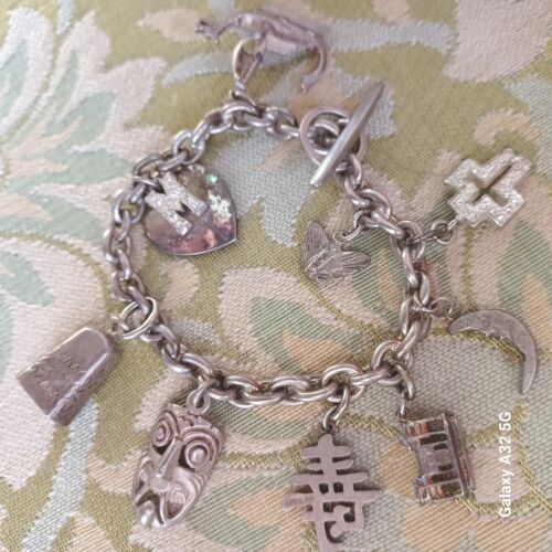 Vintage Sterling Silver Charm Bracelet European 830S Travel Love Rhinestone Asia - Picture 1 of 12