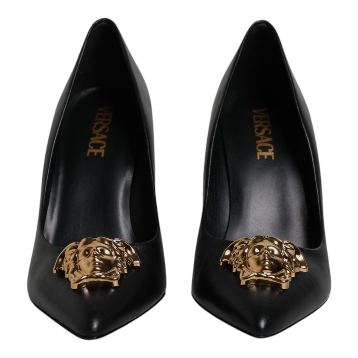 VERSACE Shoes Black Leather Logo Plaque High Heels Pumps