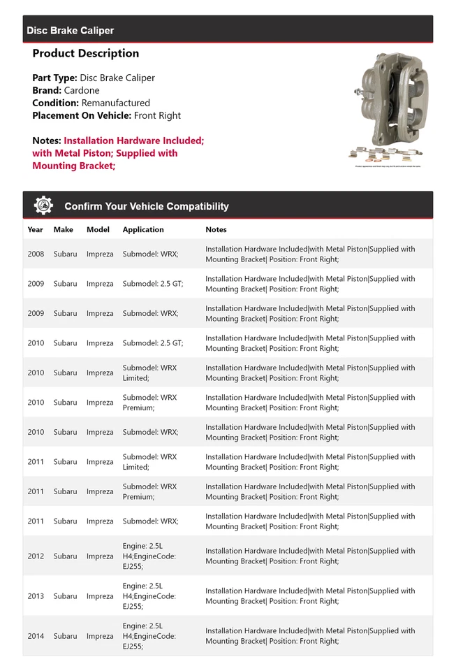 Pinça de freio a disco dianteira direita Cardone 2009 2010 Subaru Impreza 2008-2014 - Imagem 2 de 4