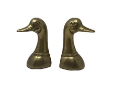 VTG MCM Solid Brass Mallard Duck Head Book Ends Animal Leonard Silver Mfg Co