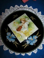 ANTIQUE CHROMOLITHOGRAPH VICTORIAN CHIMNEY FLUE COVER ANGEL W VIOLIN  9 1/2"