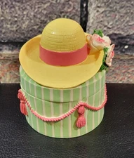 Two's Company Trinket Box Hat Floral Top Green White Stripes