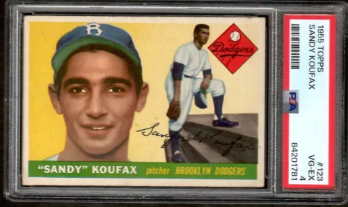 1955 TOPPS # 123 SANDY KOUFAX, DODGERS ROOKIE HALL OF FAME GRADED PSA-4 VG-EX