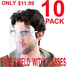 10 PACK Face Shield Guard Mask Safety Protection With Glasses Reusable Anti Fog