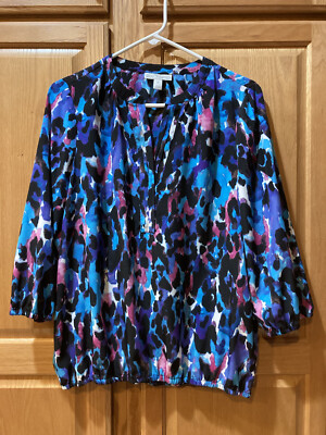 DANA BUCHMAN BLOUSE M BLUE ROSE ABSTRACT SHIRRED BOHO PEASANT HENLEY TOP WOMENS
