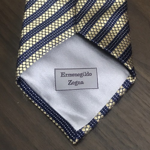 ERMENEGILDO ZEGNA *SILVER* Woven Silk Striped Pattern Blue & Gold Made In Italy - Picture 2 of 15