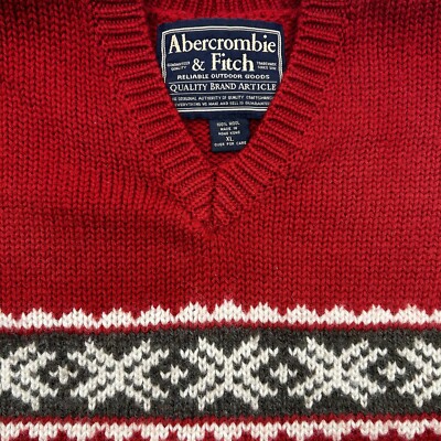 Vintage Abercrombie & Fitch Sweater Wool Fair Isle V Neck Red Mens