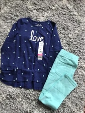 Jumping Beans Little Girls Love Navy Top & Long Jegging Aruba Blue 2 Piece Set 