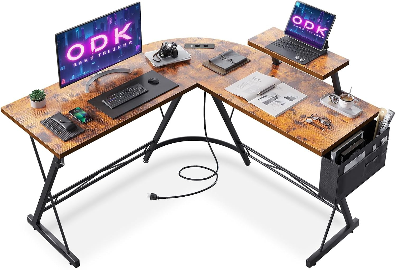 Bureau Gaming avec Prises USB et Secteur Table de Jeu Ergonomique ODK à Coins Arrondis
