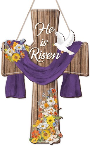 Easter Decorations Hanging Door Sign Wreath Religious Cross He Is Multicolor