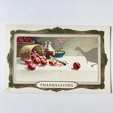 Postcard Thanksgiving Basket of Apples Turkey Shadow Frame Embossed