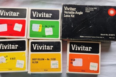 Vtg Lot 5 VIVATAR  Color Lens Filters 52mm RED YELLOW ORANGE GREEN + Angle Kit