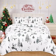  3 Piece Christmas Quilts Size Black White Xmas Tree Queen Elk Christmas Tree