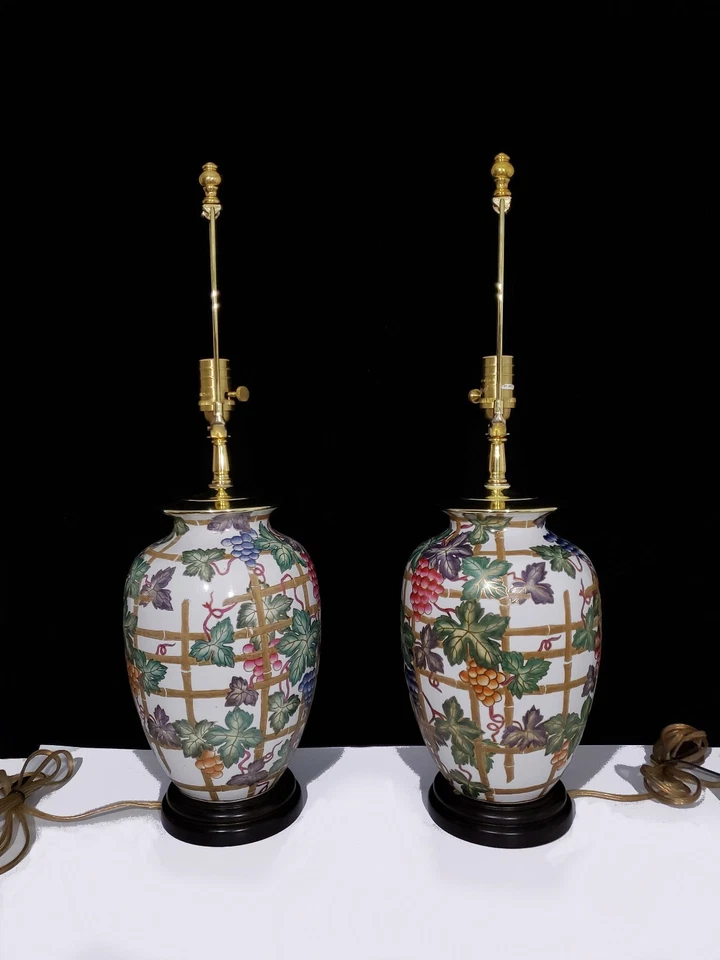 Pair of Vintage Chinese Ginger Jar Lamps Hand Painted Large Porcelain Beige MCM  - Image 3 of 4