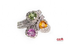 Samuel Benham BJC Quartz Hearts & Diamond Halo 18K 750 White Gold Ring Sz 5 1/2
