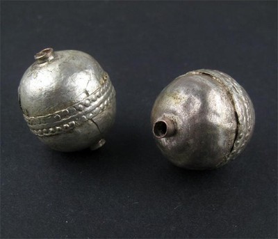 Jumbo Artisanal Ethiopian Silver Bead Set of 2 28mm African Round White Metal