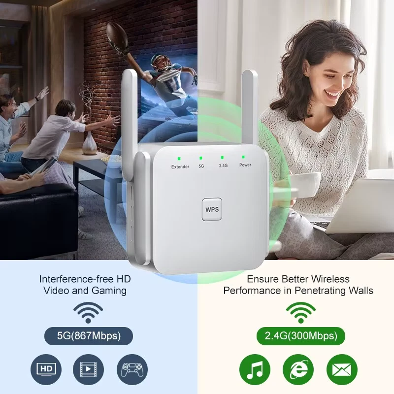 1200Mbps 5Ghz Wireless Wifi Repeater Booster 2.4G/5Ghz Wi-Fi Signal Amplifier - Immagine 3 di 4