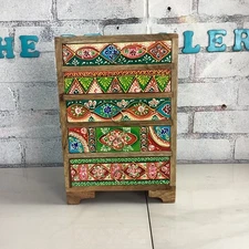 Wooden Handmade Hand-Painted 5-Drawer Chest Rainbow Embossed Work, India