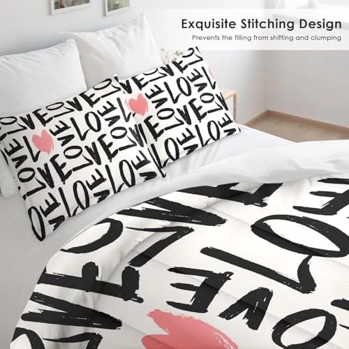 Juego de edredón tamaño, Cool St negro suave 3 piezas ropa de cama para niños Full Pink Love Foto 3 de 4