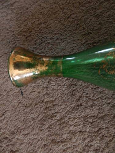 Ancienne carafe en verre vert vénitien et 4 verres cordiaux assortis bordure dorée - Photo 18/19