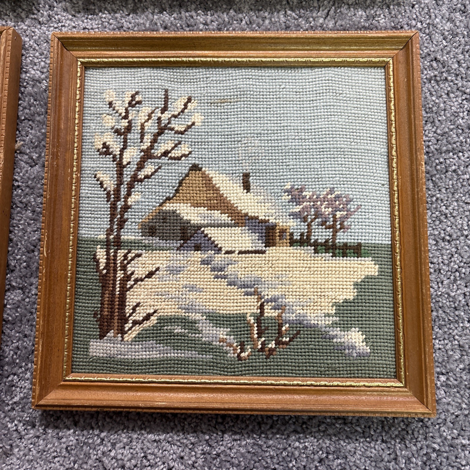 Four Season Needlepoint 11” Framed Pictures Winter Spring Summer Fall Signed