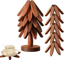 Wooden Trivet Trees 5 Trivets + 1 Stand Foldable Table Pad Trees Shape Set UK