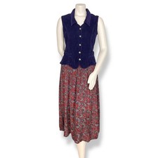 Vintage 90s Dress Floral Rayon Skirt Corduroy Vest Momcore Retro Sleeveless