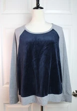 Style & Co. Sport Mixed Fabric Velour Jersey Knit Long Sleeve Top Navy Grey Sz L