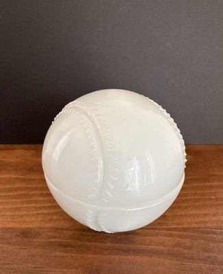 VINTAGE EMBOSSED MILK GLASS BASEBALL SHAPED TRINKET BOX DISH ANCHOR HOCKING 3.5''