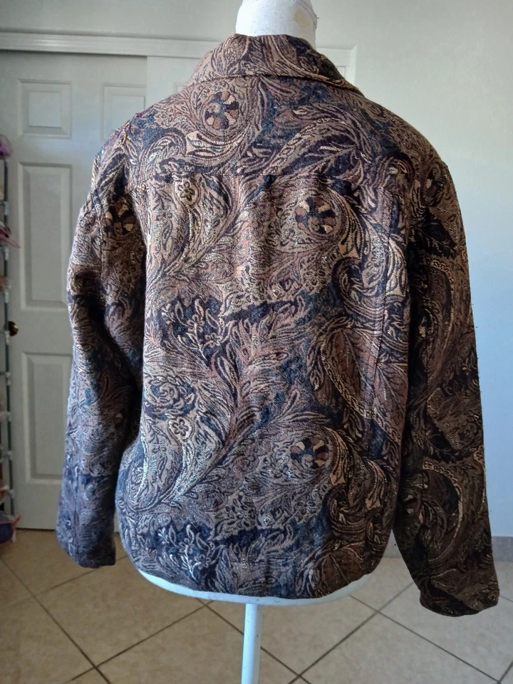 Chico’s Size 2 L Metallic Paisley Jacquard Button Jacket Boho Evening Coat - Image 3 of 4