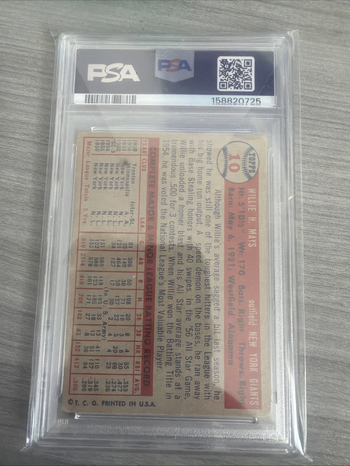 1957 Topps - Willie Mays #10 PSA 2 Graded Card New York Giants view 2