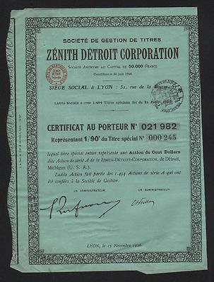 ZENITH DETROIT CORP., Wertpapierverwaltung (LYON) (E)