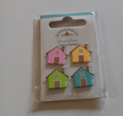 Crafts Doodlebug Brads Braddies Happy Homes Houses X4 Pink, Blue, Green, Yellow