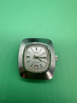 DIANTUS DELUXE Silvertone Square  With Red Date Swiss Watch For Parts/Repair