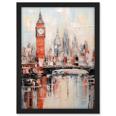 London Skyline Abstract Painting Red Big Ben River Thames Framed Art Print A3