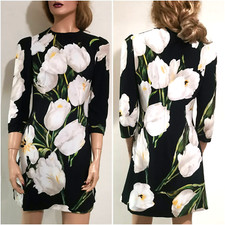 🆓US🛃 Dolce&Gabbana white tulips printed cady black dress IT 42