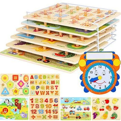 Wooden Toddler Puzzles and Rack Set - (6 Pack ) Bundle with Storage Holder Rack