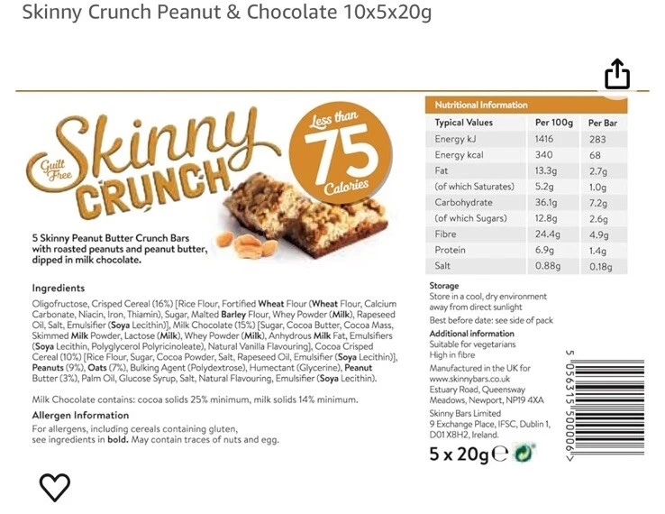 10 X Boxes Skinny Crunch Peanut Butter Snack Bars (68 Calories) 50 Bars in Total - Image 2 of 4