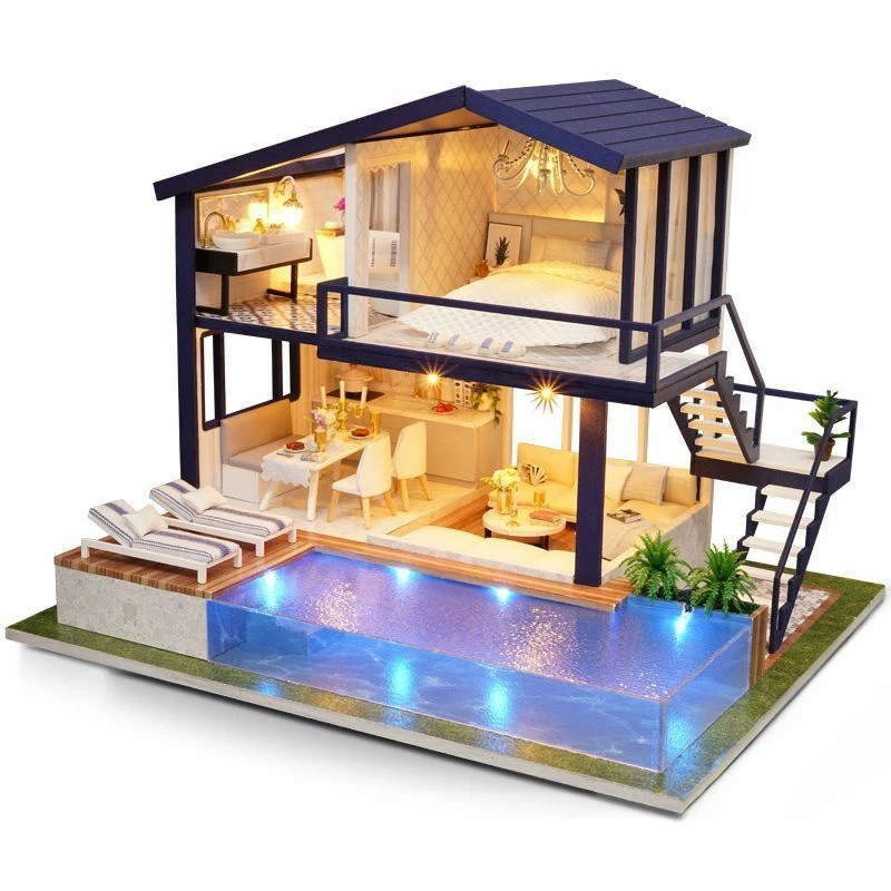 Modern Miniature Doll House 3D Wooden Dollhouse With Pool