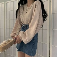 Ladies Knitted Jumper Puff Sleeve V Neck Pullover Shirt Tops Loose Pullover