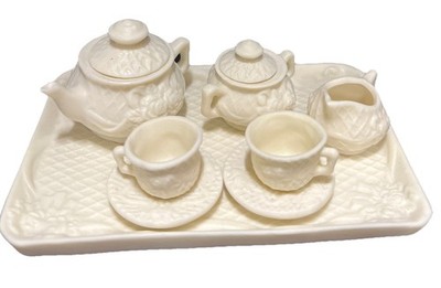 Vtg 8pc Ivory Rose Porcelain Mini TEA SET Cup, Saucer, Creamer, Sugar, & Tea Pot