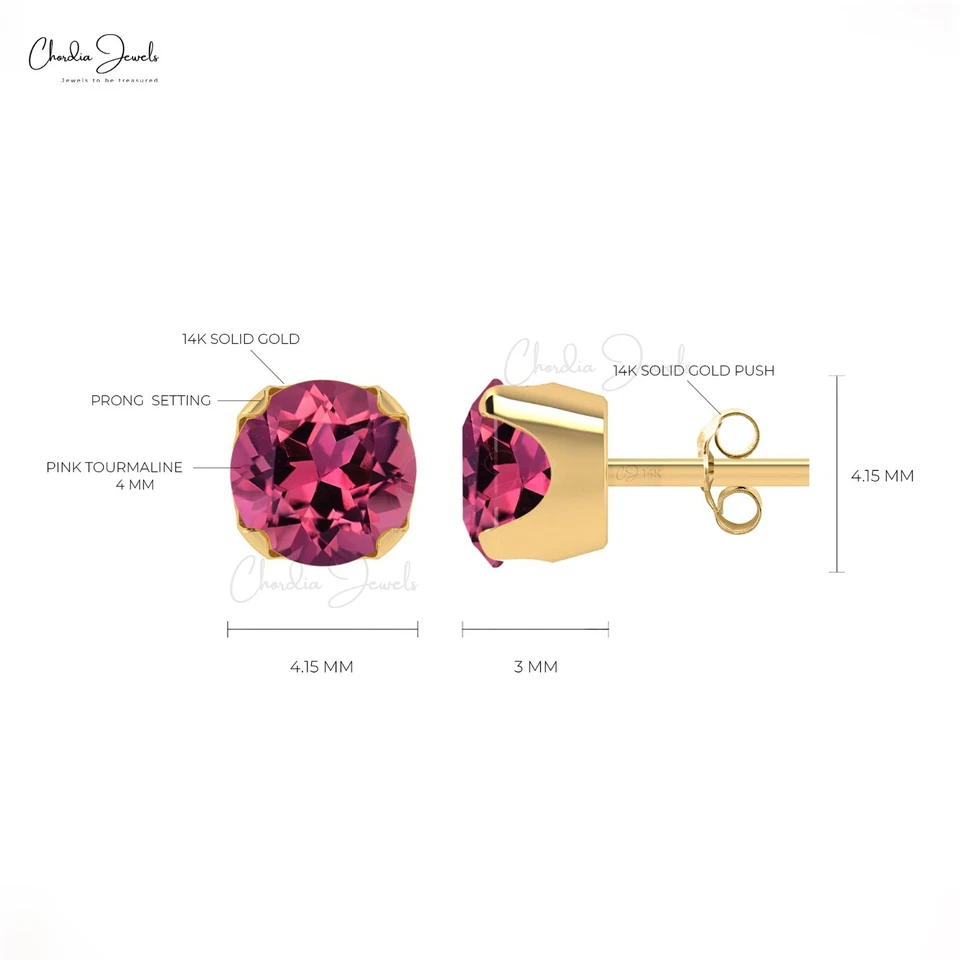 Женские серьги повседневного ношения 4 мм розовый турмалин с 14-каратным чистым золотом гвоздики ювелирные изделия - Изображение 4 из 4