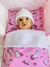 DOLLS PRAM COT BLANKET & PILLOW BEDDING SET PRETTY PINK UNICORNS BABY ANNABELL 