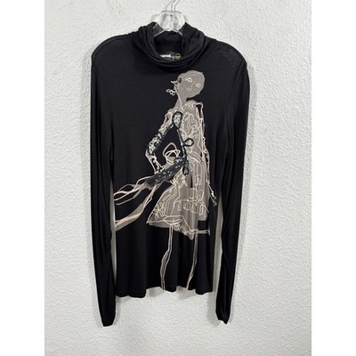 Desigual Shirt Womens Medium Black Cowl Neck Tunic Sequin Graphic Art Top